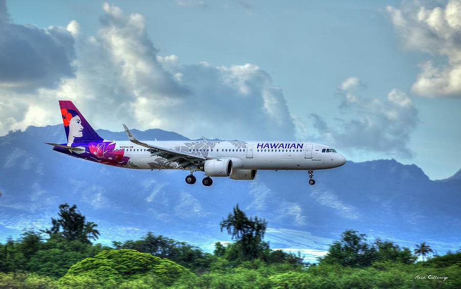 N214HA Hawaiian Airlines Airbus A321 Landing Honolulu International Airport Art Photograph by Reid Callaway