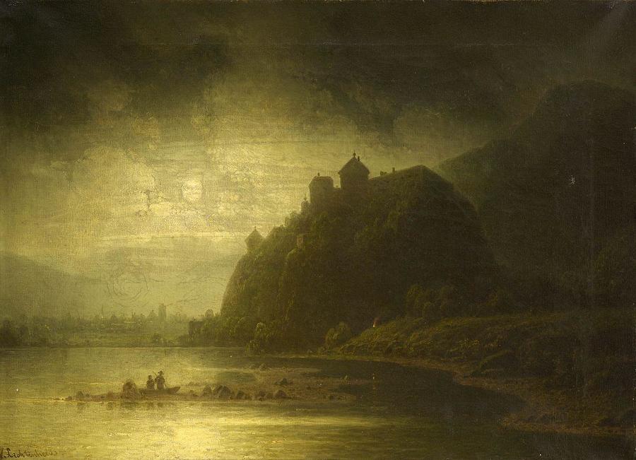 Burg Painting - Nachtliche Uferlandschaft mit Burg by Wilhelm Lichtenheld