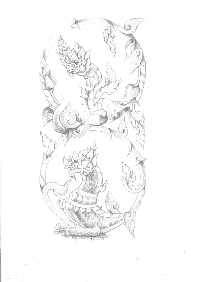 Pencil Drawing - Naga-Tiger by Thammasak Kanjanabul