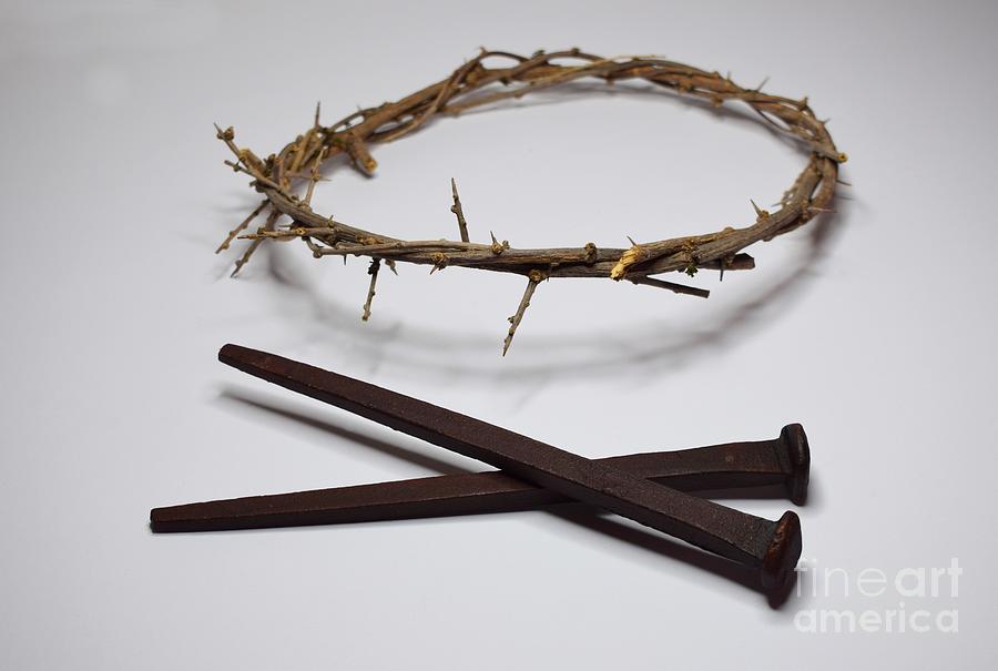 Crown of thorns with cross, Holy Bible and nails on white background Stock  Photo | Adobe Stock