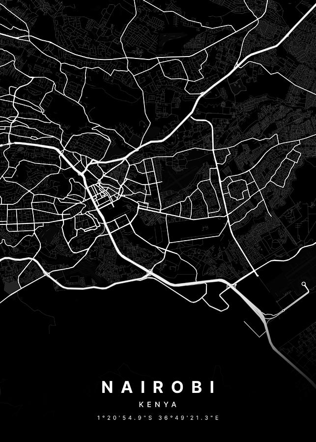 Nairobi, Kenya Dark Detailed City Map Digital Art by Abigail Solaja ...