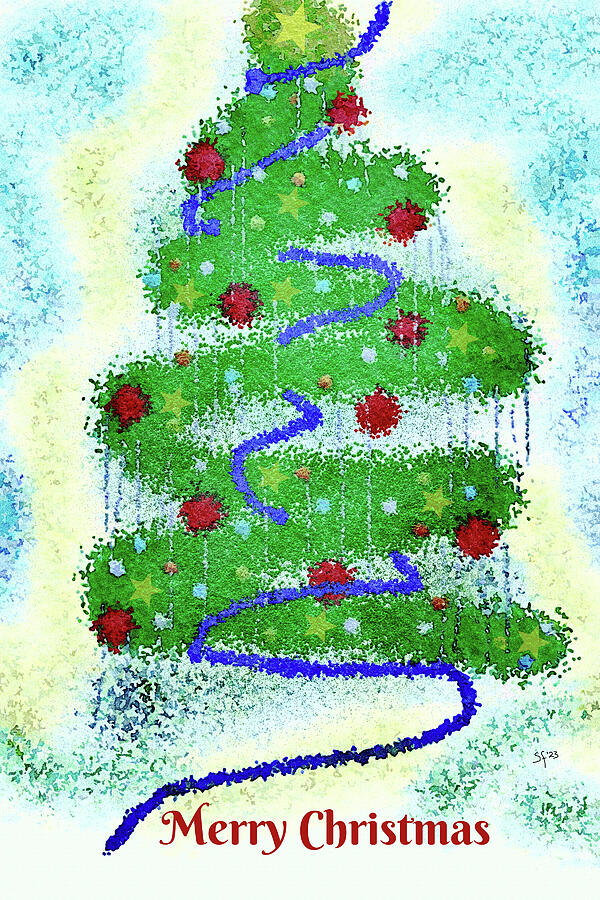 Naive Christmas Tree Watercolor with Greeting  Mixed Media by Shelli Fitzpatrick