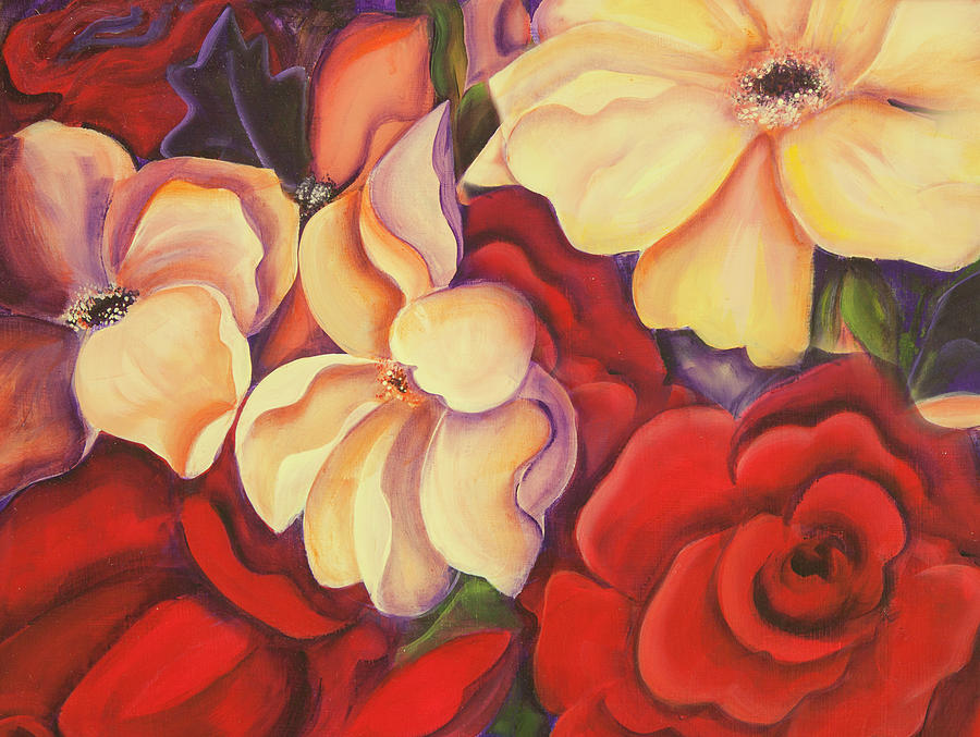 Naive Red And Yellow Roses Painting by Theresa Tahara