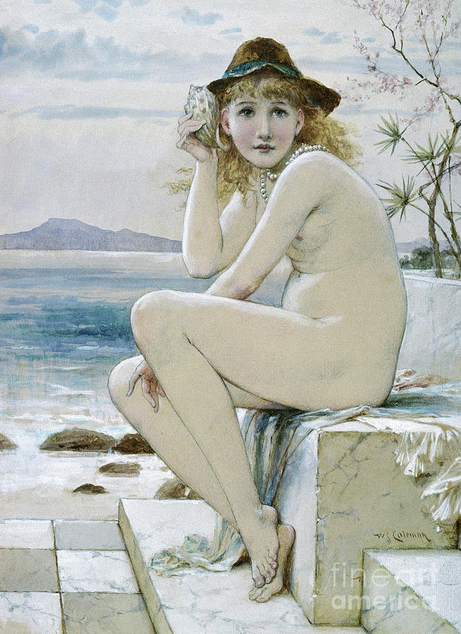 Naked girl sitting on a stone block Painting by William Stephen Coleman