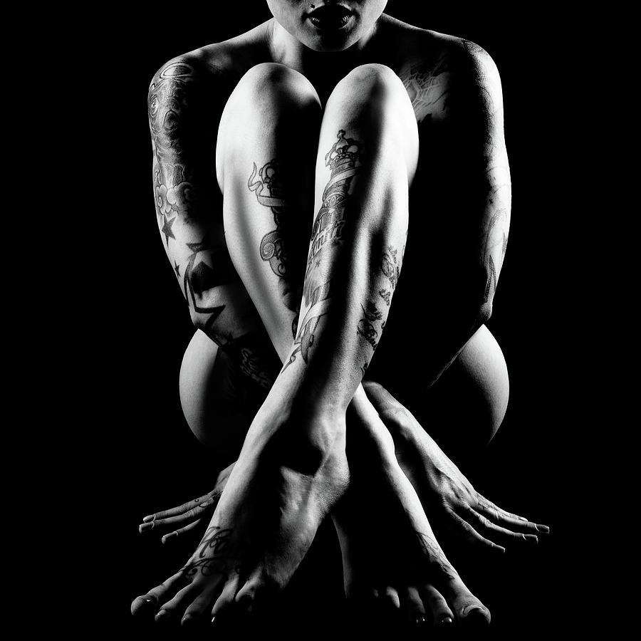 Naked tattooed woman - Body Parts - monochrome by Performance Image Europe