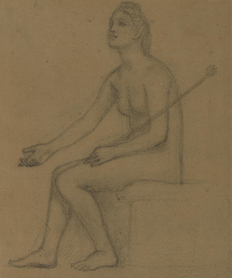 Naked Woman Seated, in Profile on the Left Drawing by Pierre Puvis de Chavannes