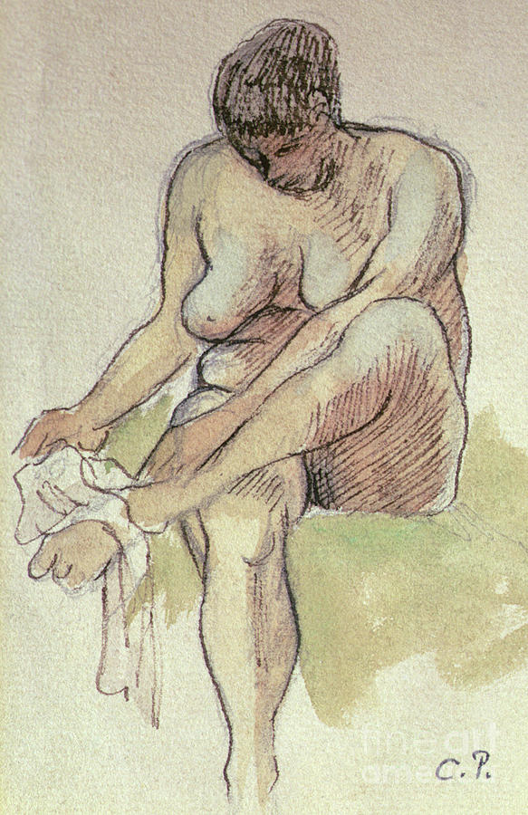 Naked Woman Wiping Left Foot Painting by Camille Pissarro