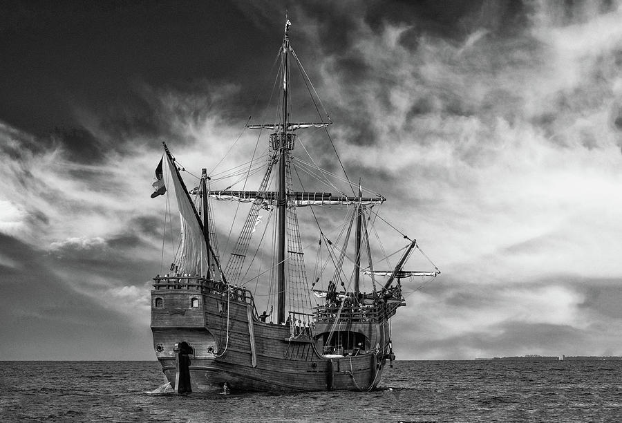 Nao Trinidad Tall Ship in Black and White Photograph by Paul Giglia