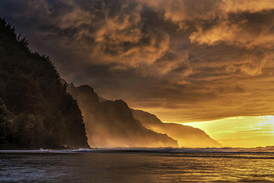 Sunset Photograph - Napali Coast dramatic Sunset from Kee Beach by Pierre Leclerc Photography