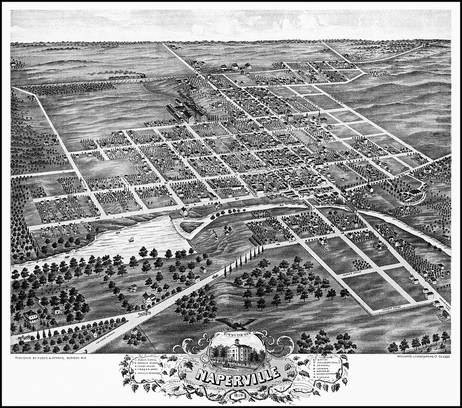 Naperville Photograph - Naperville Illinois Vintage Map Birds Eye View 1869 Black and White by Carol Japp