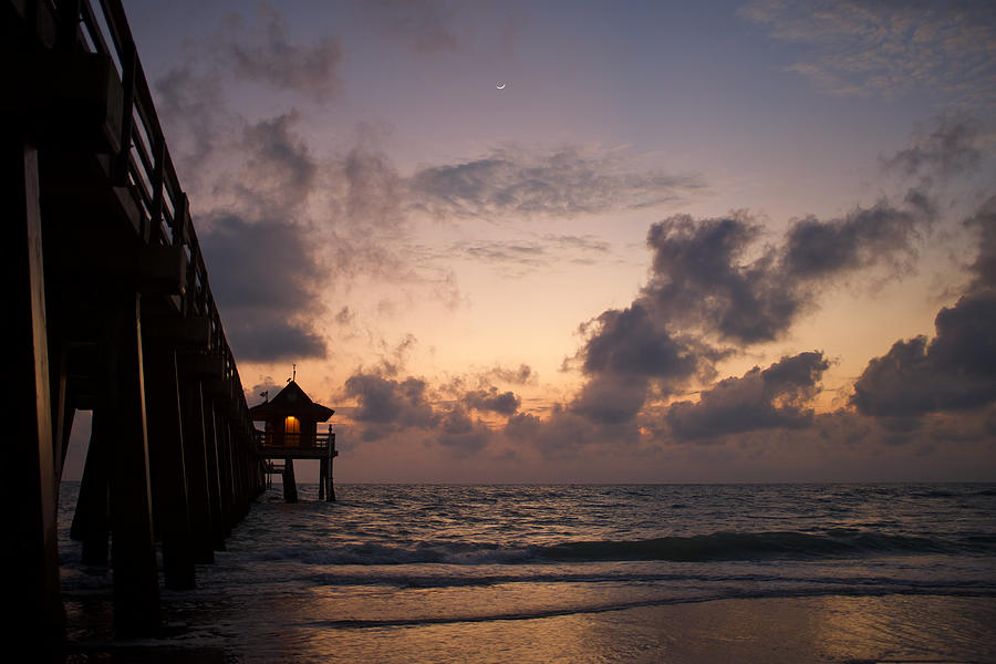 Naples Pier And Crescent Moon Photograph