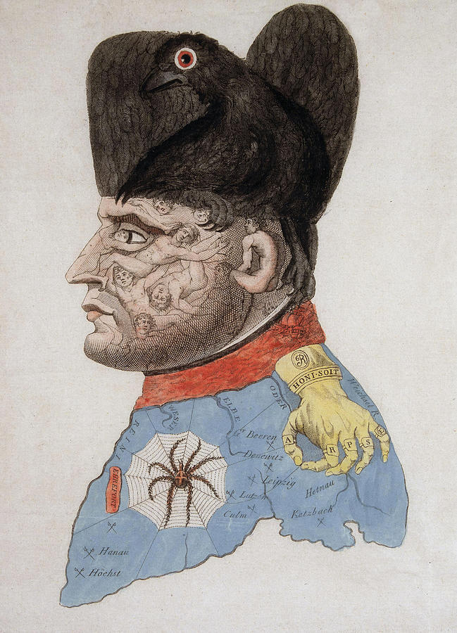 Napoleon I. Emperor Of French. 1769 - 1821. Satirical Portrait Of Napoleon. Colored Engraving. Mu... Painting by Album