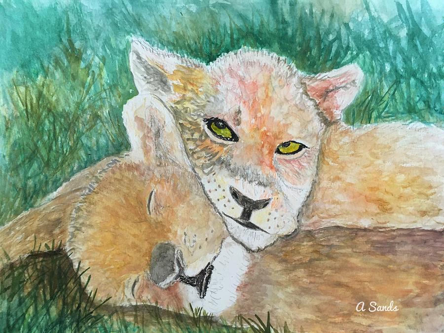 Napping Lion Cubs Painting by Anne Sands