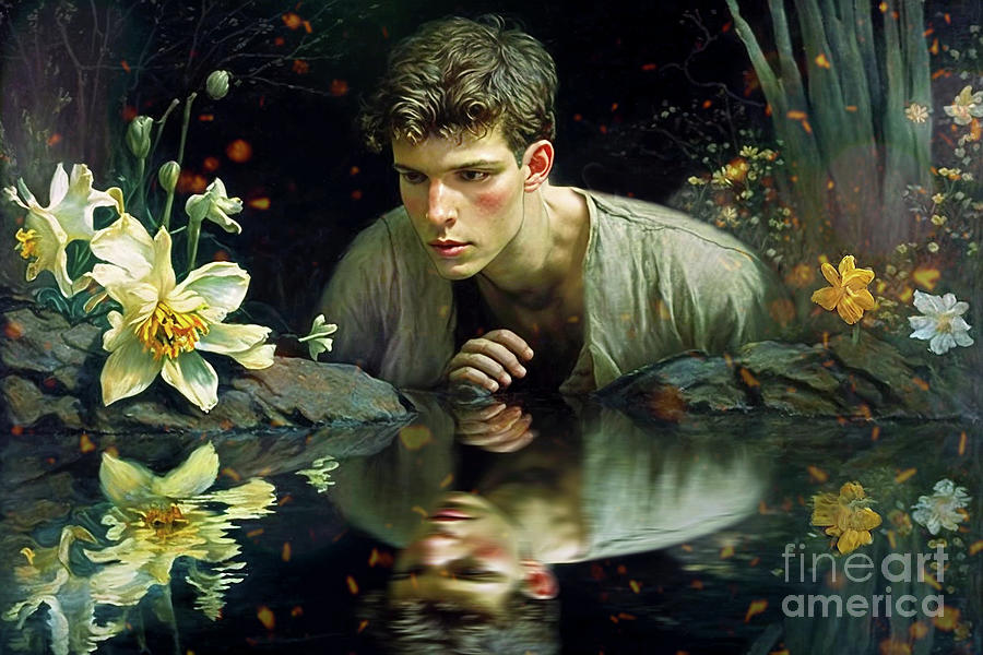 Narcissus Looking Of The River By Mark Ashkenazi, Greek Mythology  Narcissus Flower