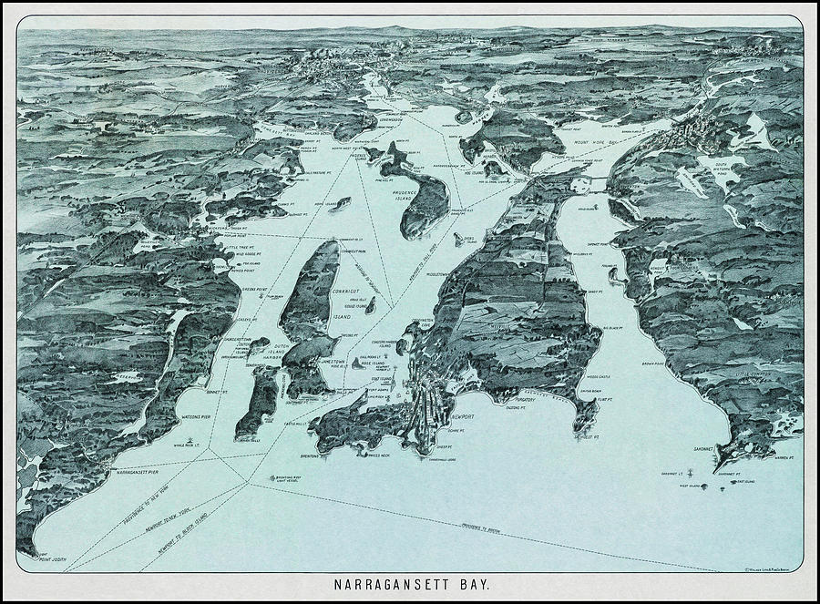 Vintage Drawing - Narragansett Bay Vintage Map Birds Eye View 1907 by Carol Japp