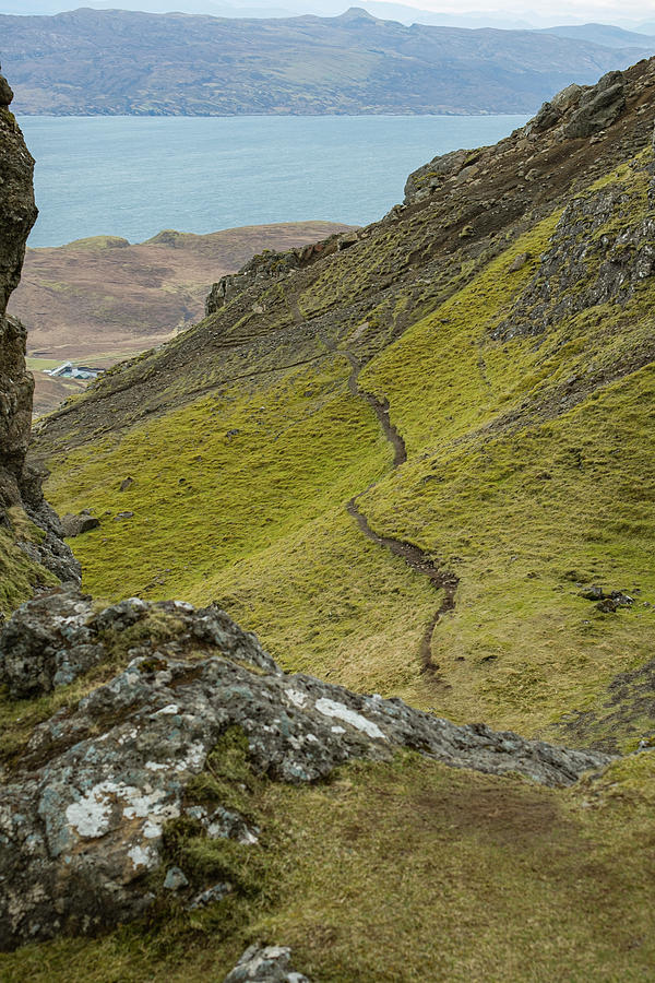 Narrow hiking trail on steep hillside at the Old Man of Storr ro Photograph by David L Moore