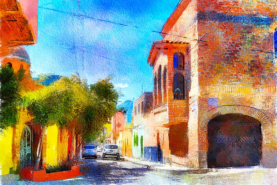 Narrow Street in Ajijic, Mexico - digital watercolor Digital Art by Tatiana Travelways