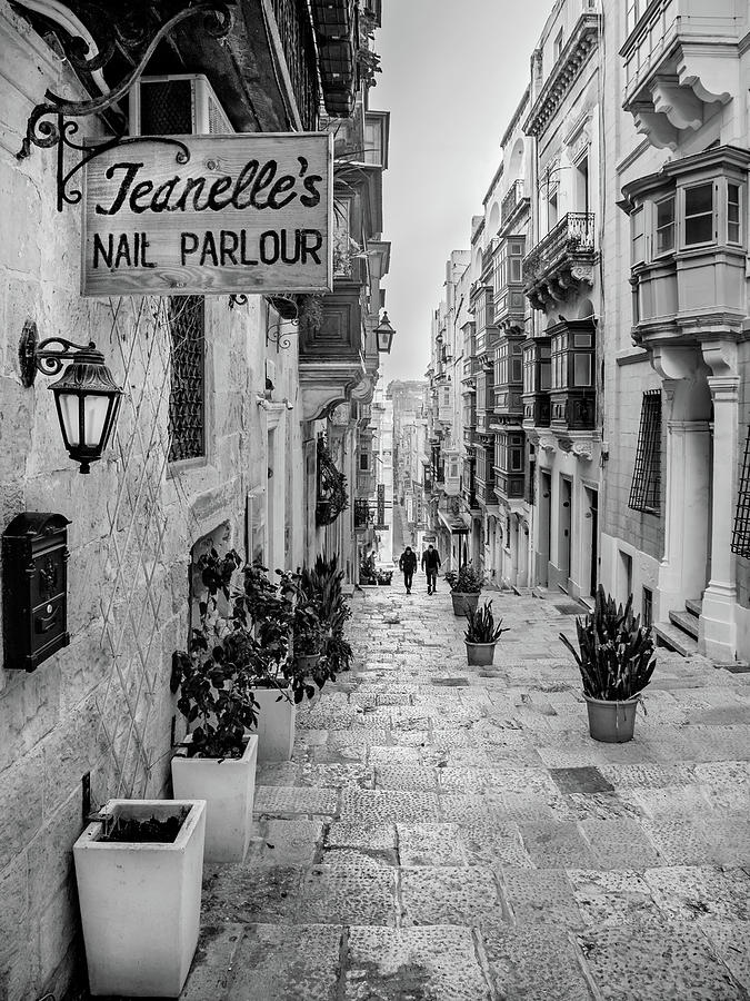 Valletta Photograph - Narrow Street in Valetta, Malta - Black and White  by Barry O Carroll