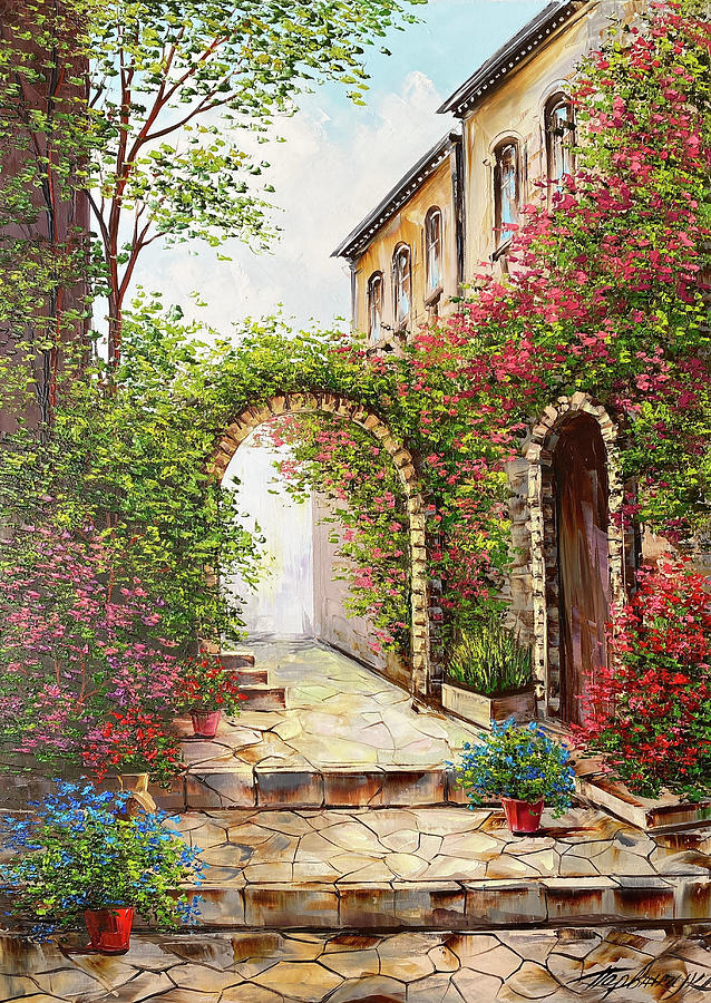 Narrow Street Of Tuscany Oil Painting Original Italian Villa Garden   Narrow Street Of Tuscany Oil Painting Original Italian Villa Garden Wall Art Decor Blossom Trees Bilykart 