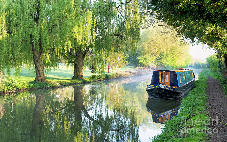 Spring Photograph - Narrowboat and Spring Trees Reflecting in the Oxford Canal by Tim Gainey