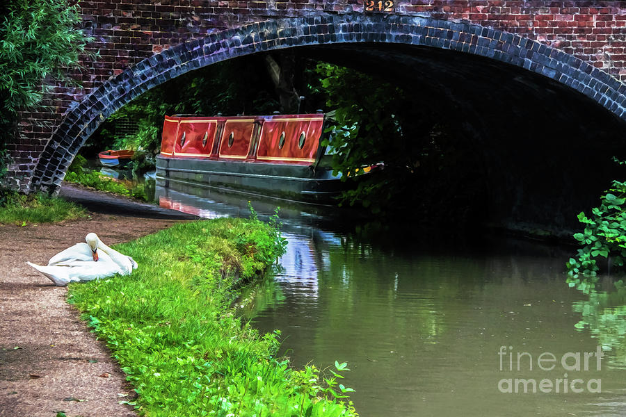 Narrowboat and Swan on Oxford Canal Digital Art by Susan Vineyard