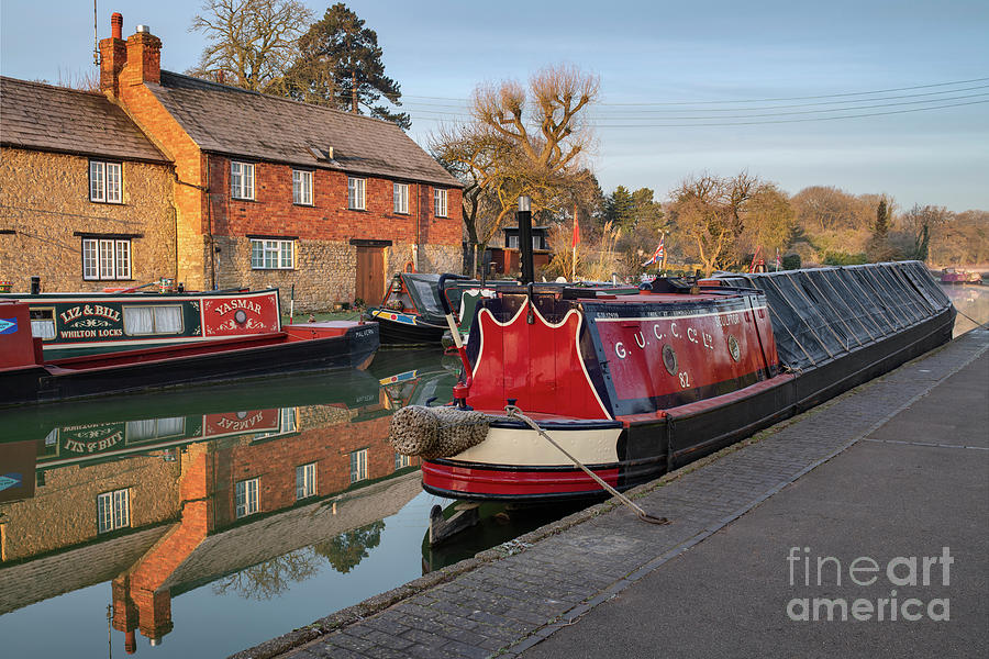 Narrowboats on the Grand Union Canal at Stoke Bruerne in the Frost at Sunrise Photograph by Tim Gainey