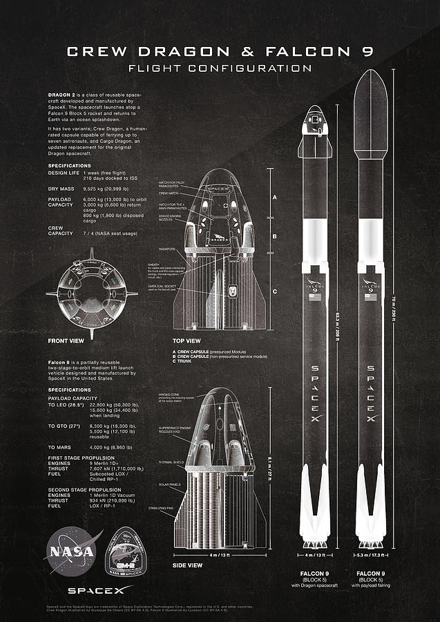NASA SpaceX Crew Dragon Spacecraft and Falcon 9 Rocket Blueprint in ...