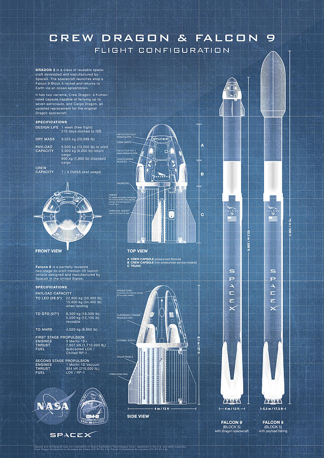 NASA SpaceX Crew Dragon Spacecraft and Falcon 9 Rocket Blueprint in ...