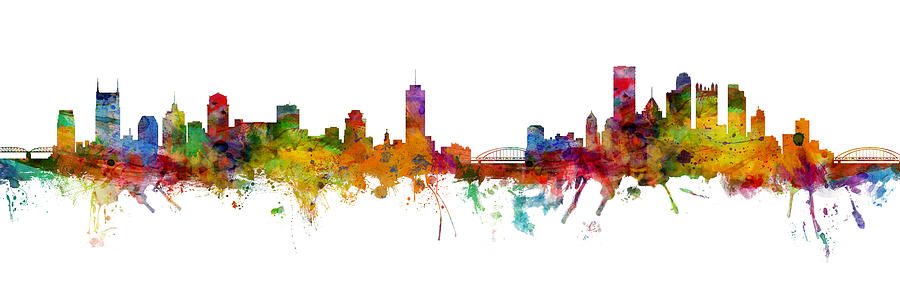 Nashville and Pittsburgh Skyline Mashup Digital Art by Michael Tompsett