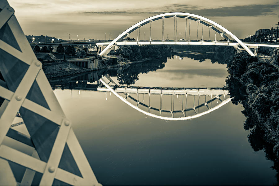 Nashville Bridge Reflections On The Cumberland - Sepia Edition Photograph by Gregory Ballos