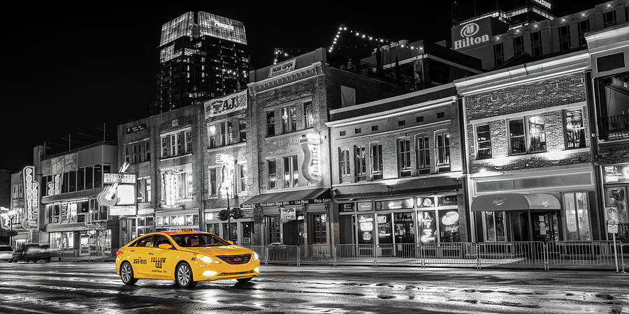 Nashville Lower Broadway Monochrome Skyline and Yellow Taxi Cab Panorama Photograph by Gregory Ballos