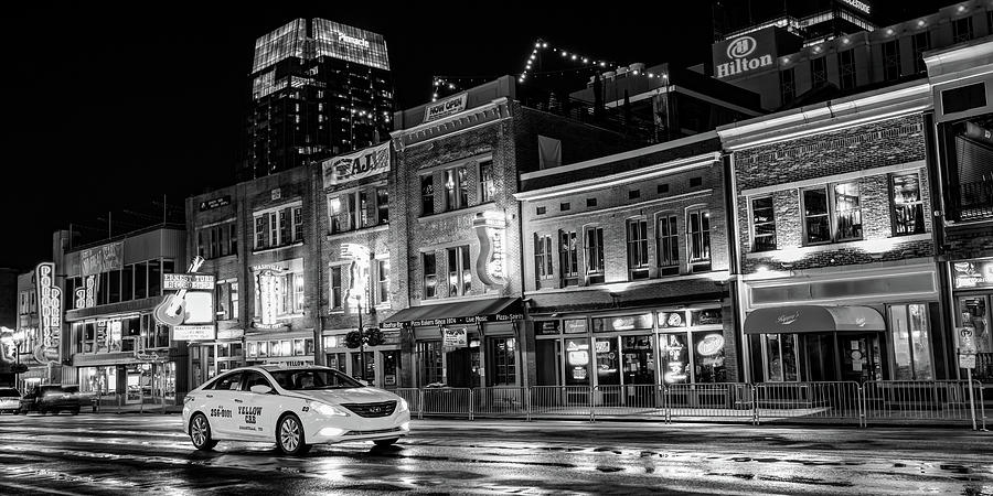 Nashville Skyline Photograph - Nashville Lower Broadway Skyline and Taxi Cab Panorama - Black and White by Gregory Ballos