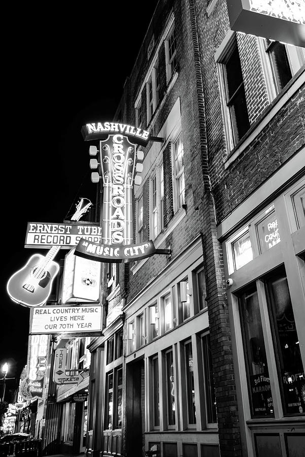 Nashville Music City Neon Lights Along Lower Broadway - Black And White Photograph by Gregory Ballos