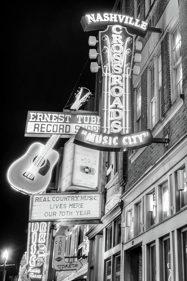 Nashville Music City Vintage Neons - Black and White Photograph by Gregory Ballos