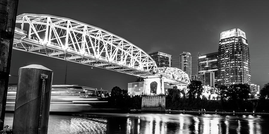 Nashville Pedestrian Bridge On The Cumberland River In Black And White Panorama Photograph
