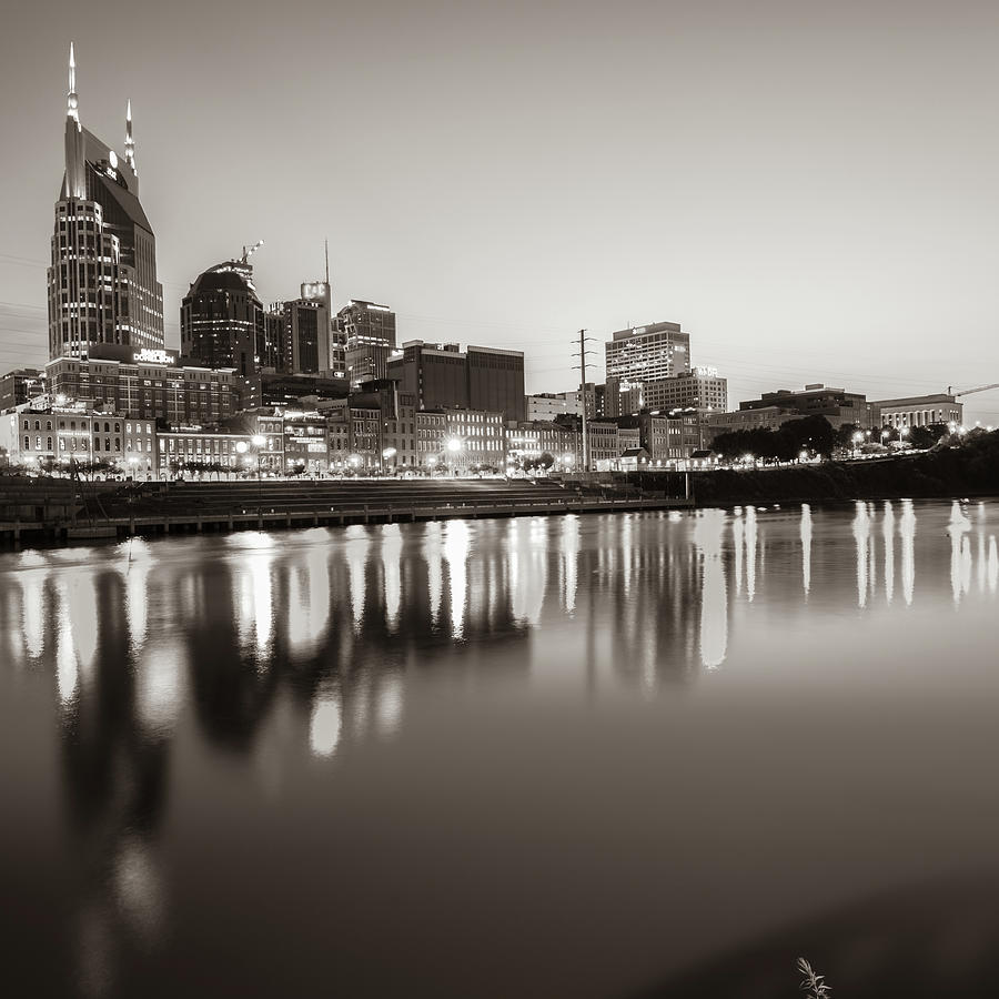 Nashville Skyline Photograph - Nashville Sepia Skyline Reflections - Square Art by Gregory Ballos