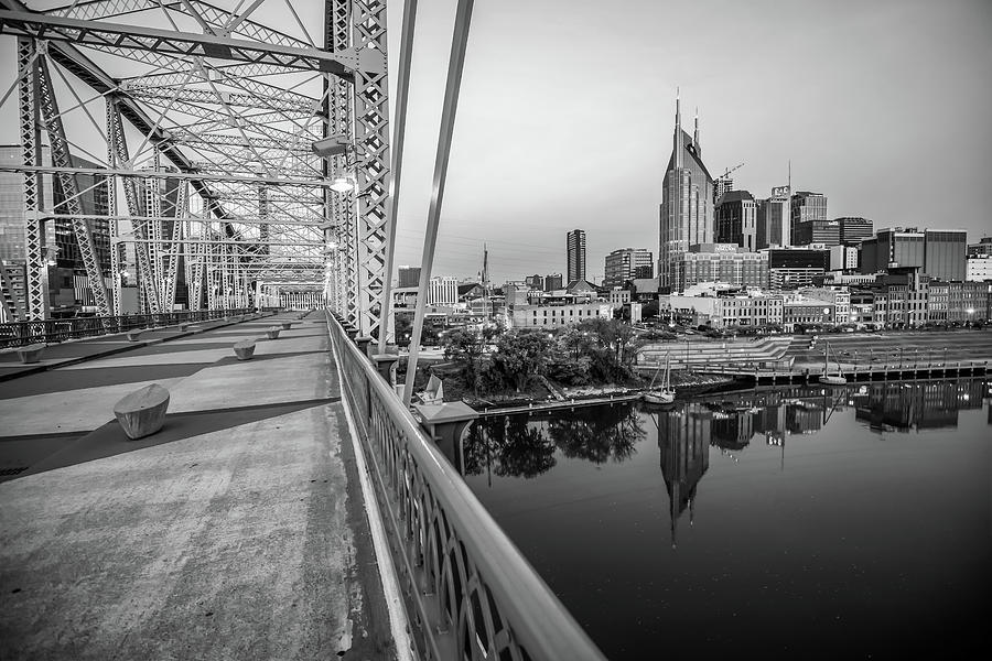 Nashville Skyline Photograph - Nashville Skyline and Pedestrian Bridge Black and White by Gregory Ballos
