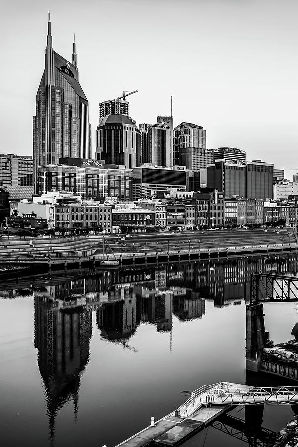 Nashville Skyline On The Cumberland River In Black And White Photograph