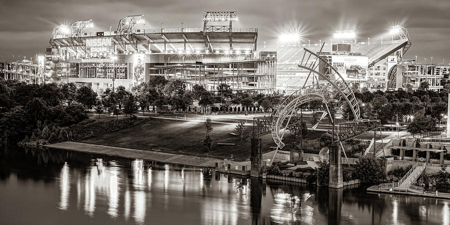 Tennessee Titans Photograph - Nashville Stadium Panorama Along The Cumberland River in Sepia by Gregory Ballos