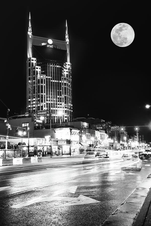 Nashville Skyline Photograph - Nashville Supermoon From Lower Broadway in Monochrome by Gregory Ballos