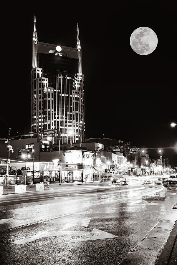 Nashville Skyline Photograph - Nashville Supermoon From Lower Broadway in Sepia by Gregory Ballos