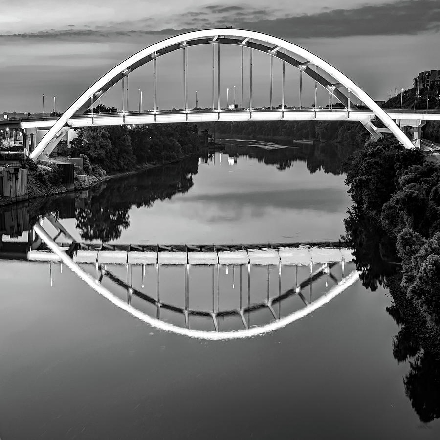Nashville Tennessee Bridge Reflections On The Cumberland - Black And White Photograph by Gregory Ballos