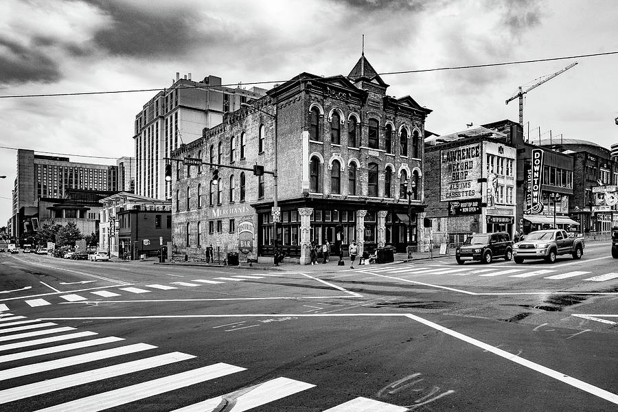 Nashville Tennessee Broadway Intersection Black and White Photograph by Dave Morgan