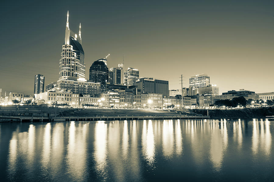 Nashville Tennessee City Skyline At Dusk - Sepia Monochrome Photograph by Gregory Ballos
