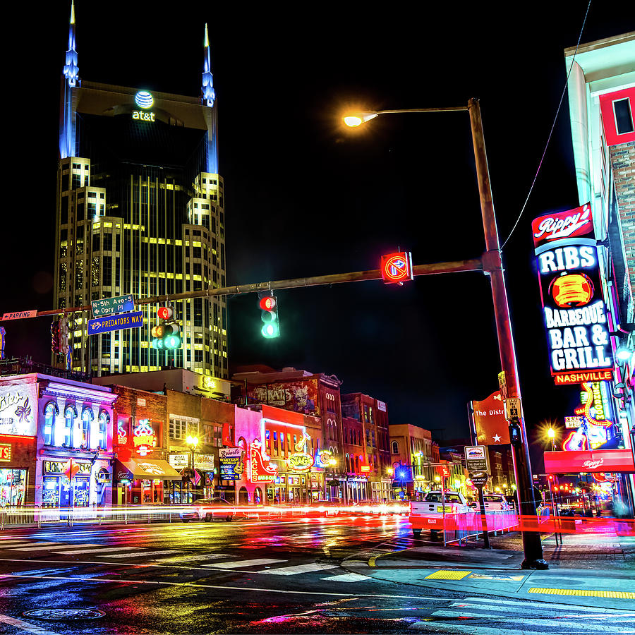 Nashville Tennessee Lower Broadway Honky Tonk District at Night Photograph by Gregory Ballos