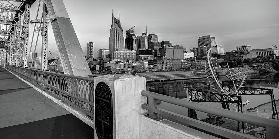 Nashville Skyline Photograph - Nashville Tennessee Skyline and Pedestrian Bridge BW Monochrome Panorama by Gregory Ballos