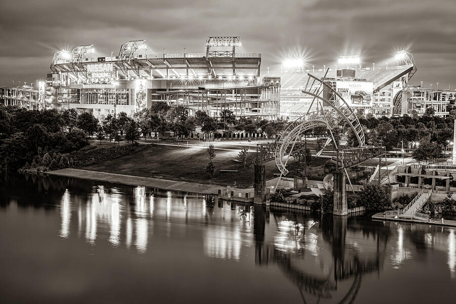 Nashville Skyline Photograph - Nashville Tennessee Stadium Lights Along the Cumberland River in Sepia by Gregory Ballos