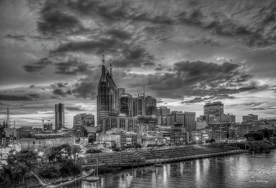 Nashville TN Sunset B W Country Music Capital Cityscape Architectural Art Photograph by Reid Callaway