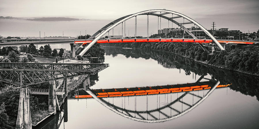 Nashville Veterans Memorial Bridges Reflecting On The Cumberland River Panorama - Selective Color Photograph by Gregory Ballos