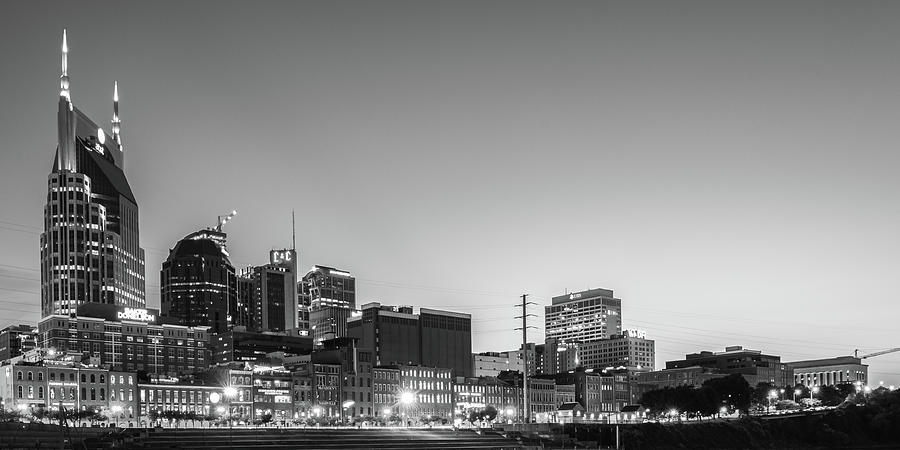 Nashvilles Music City Skyline Panorama At Dawn In Black And White Photograph